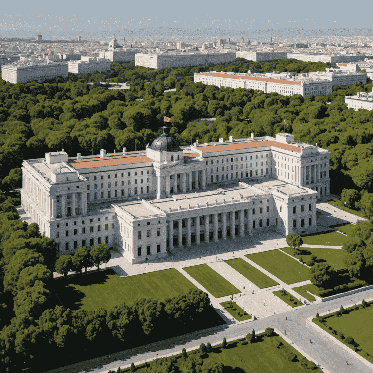 Imagen del Palacio de la Moncloa, sede del gobierno español, con su fachada blanca y jardines circundantes