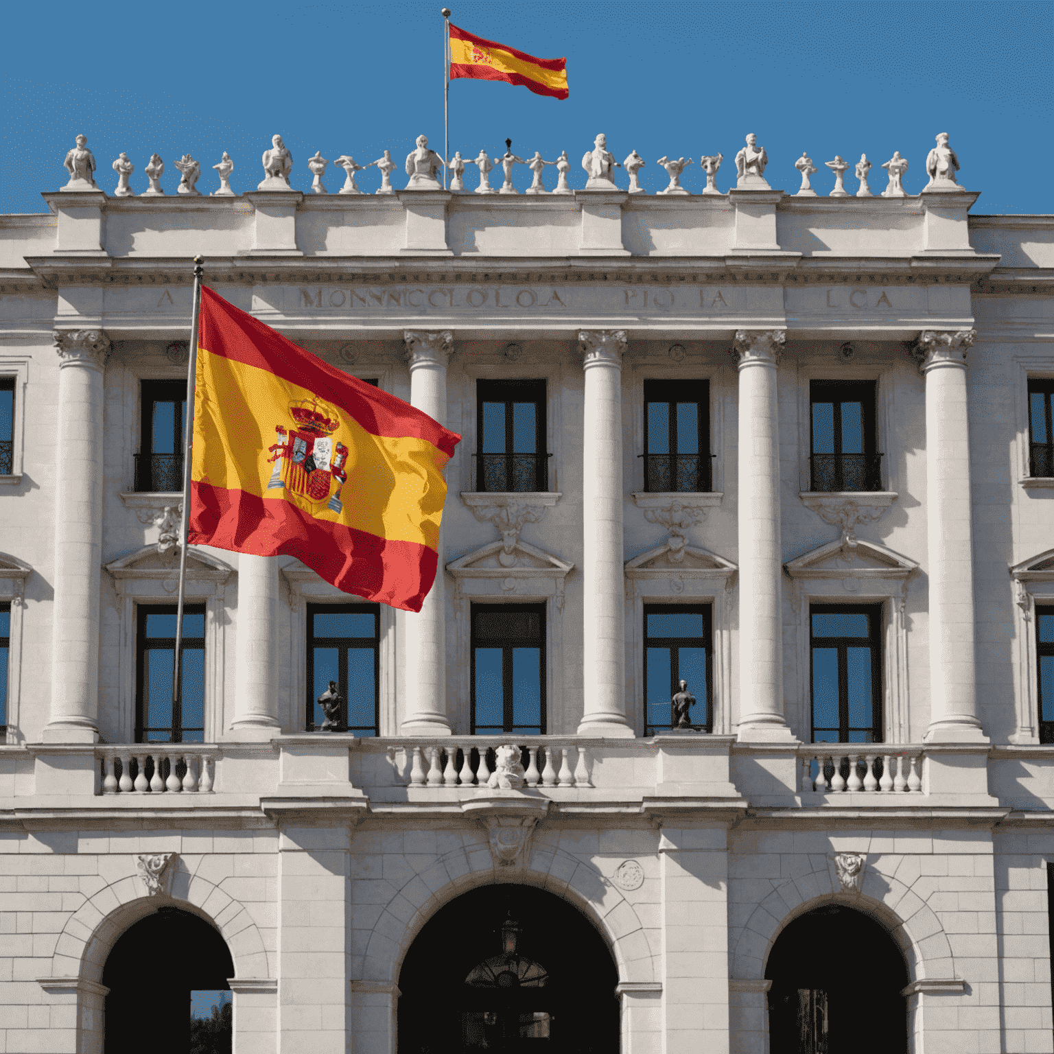 Fachada del Palacio de la Moncloa con la bandera española ondeando