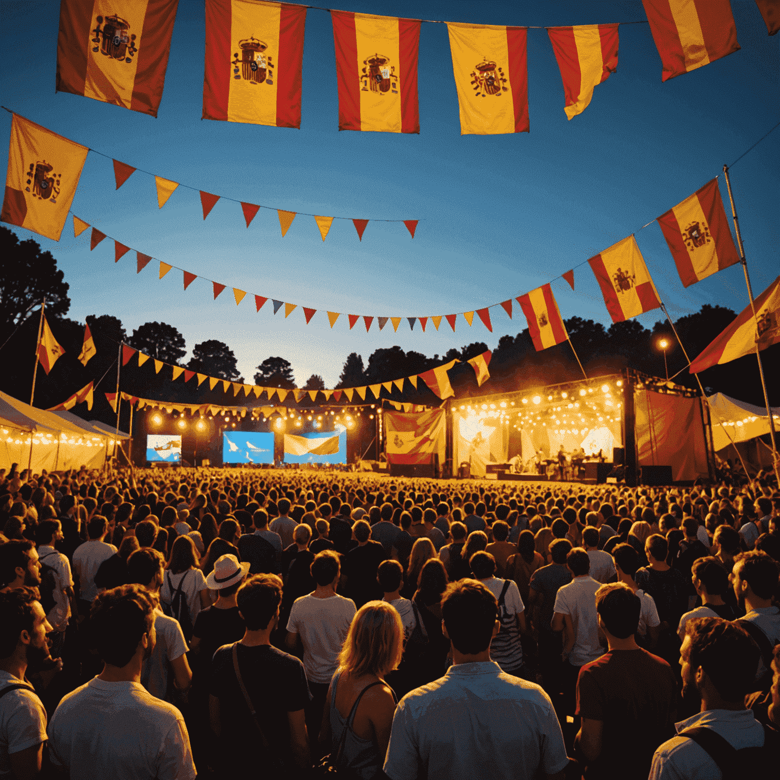 Multitud en un festival de música al aire libre con escenario iluminado y banderas españolas ondeando