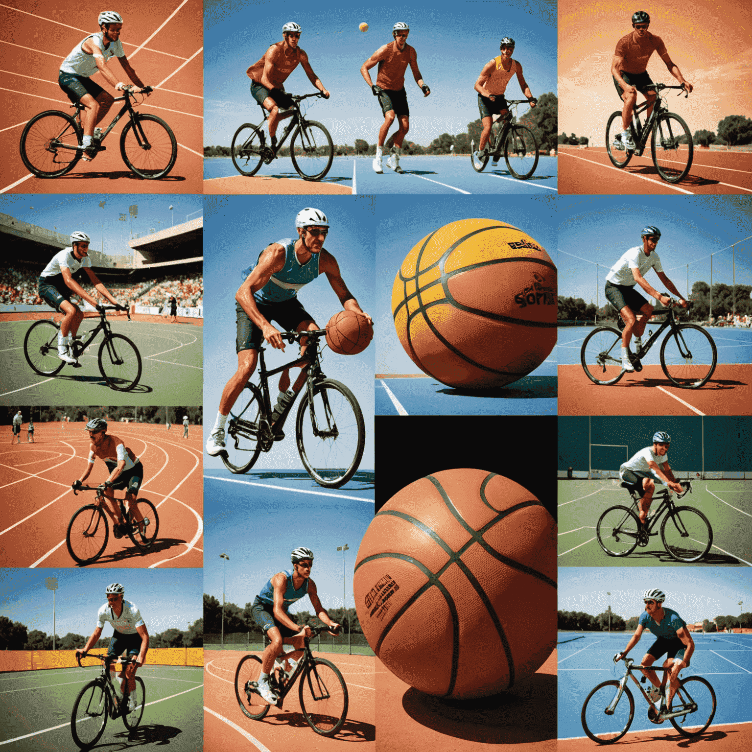 Collage de diferentes deportes practicados en España: baloncesto, tenis, ciclismo y natación