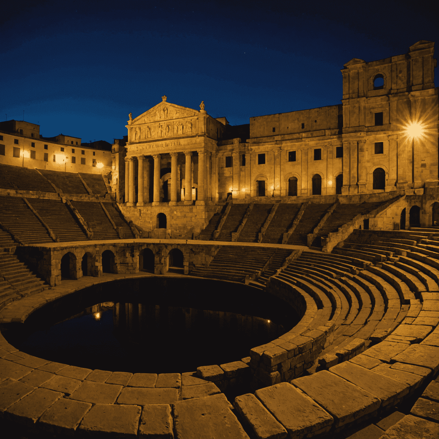 Vista nocturna del Teatro Romano de Mérida iluminado durante una representación teatral