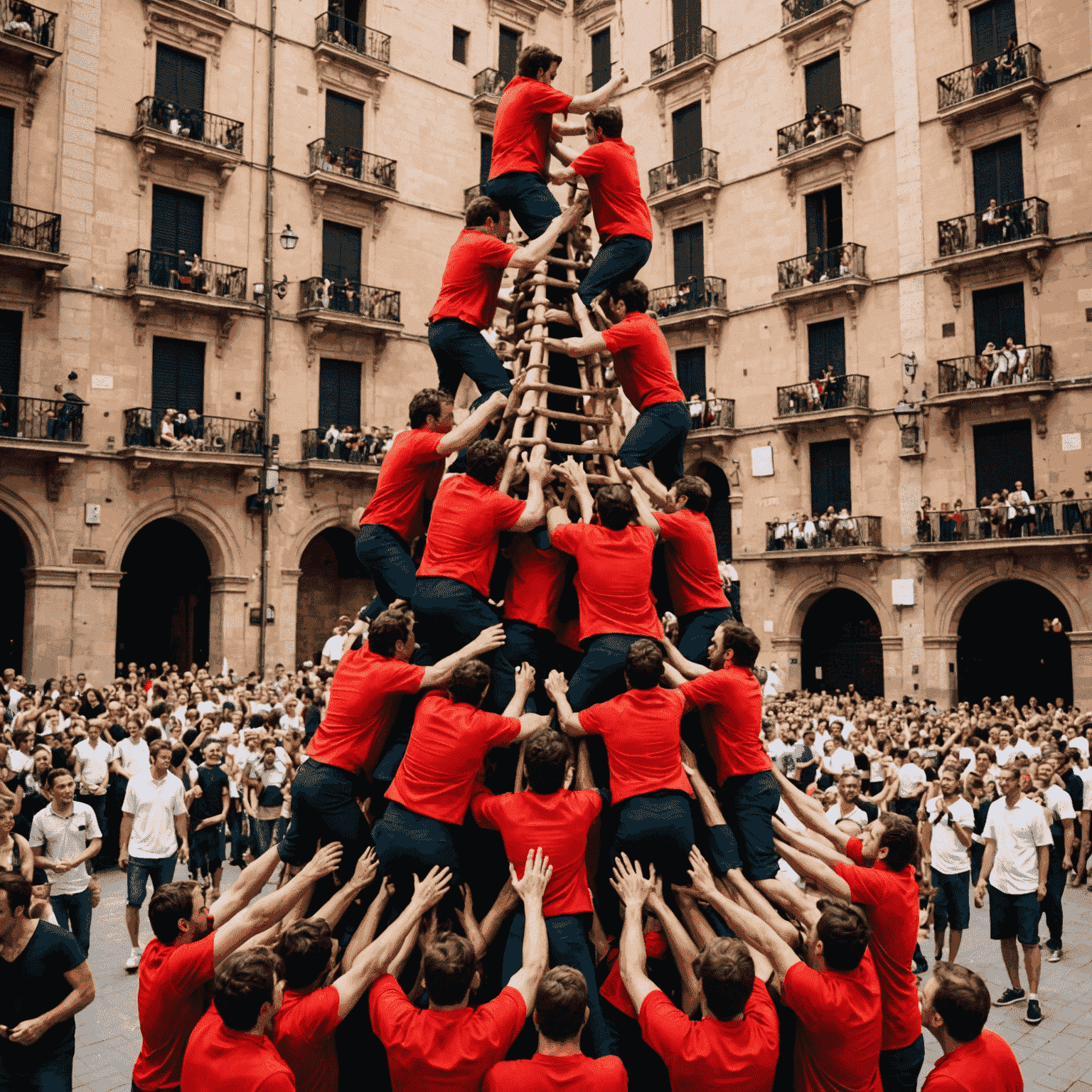 Castellers formando una torre humana en la Plaza de Sant Jaume durante las fiestas de La Mercè